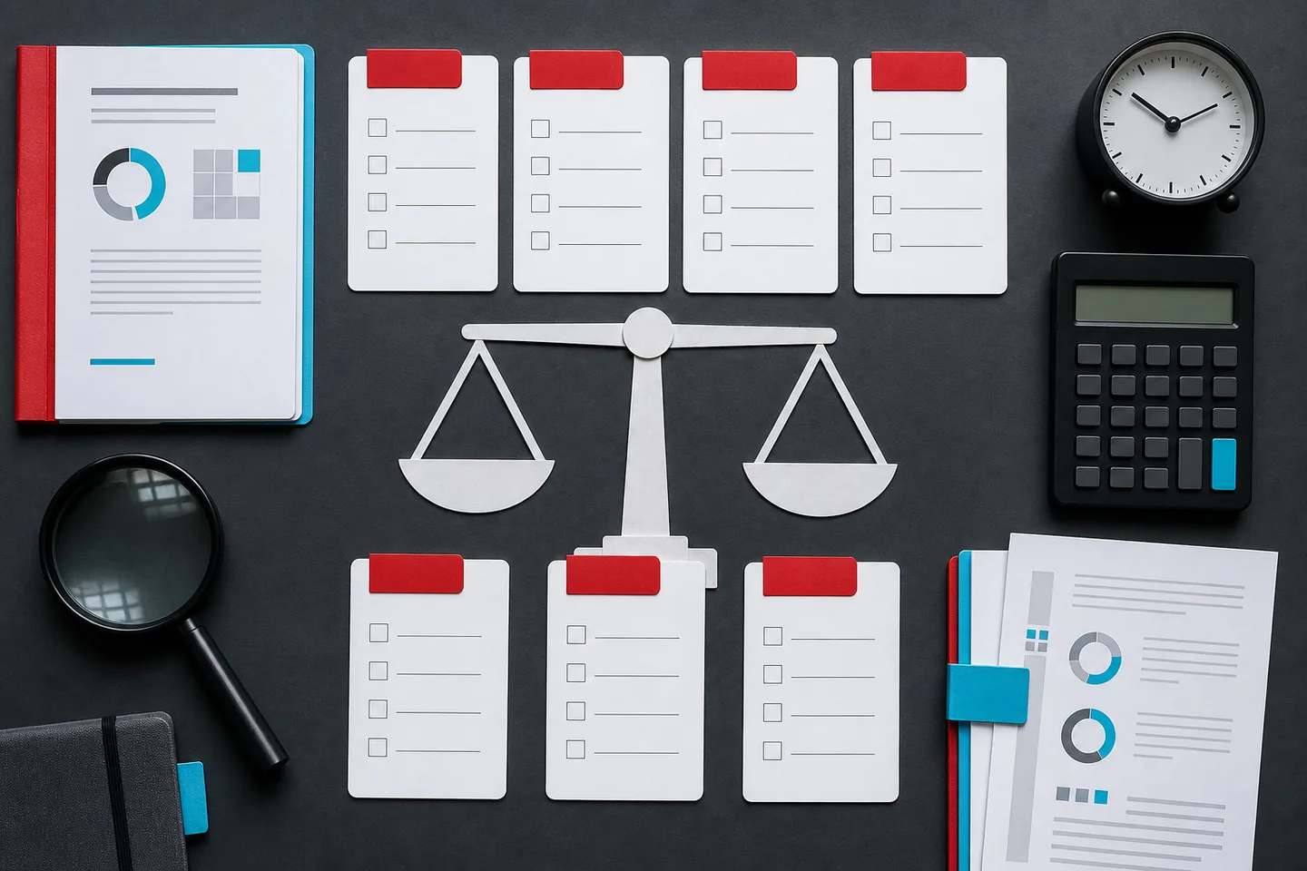 Top-down buyer checklist with timer, calculator, documents and magnifying glass
