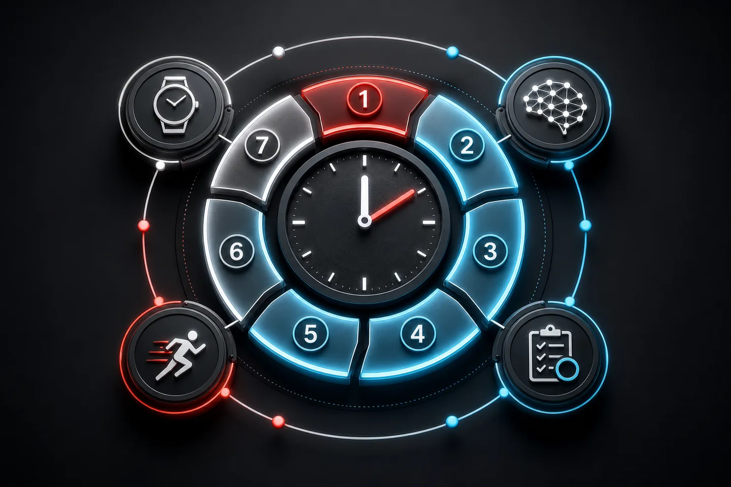 Seven connected timer segments illustrating a repeatable learn, act and review cycle