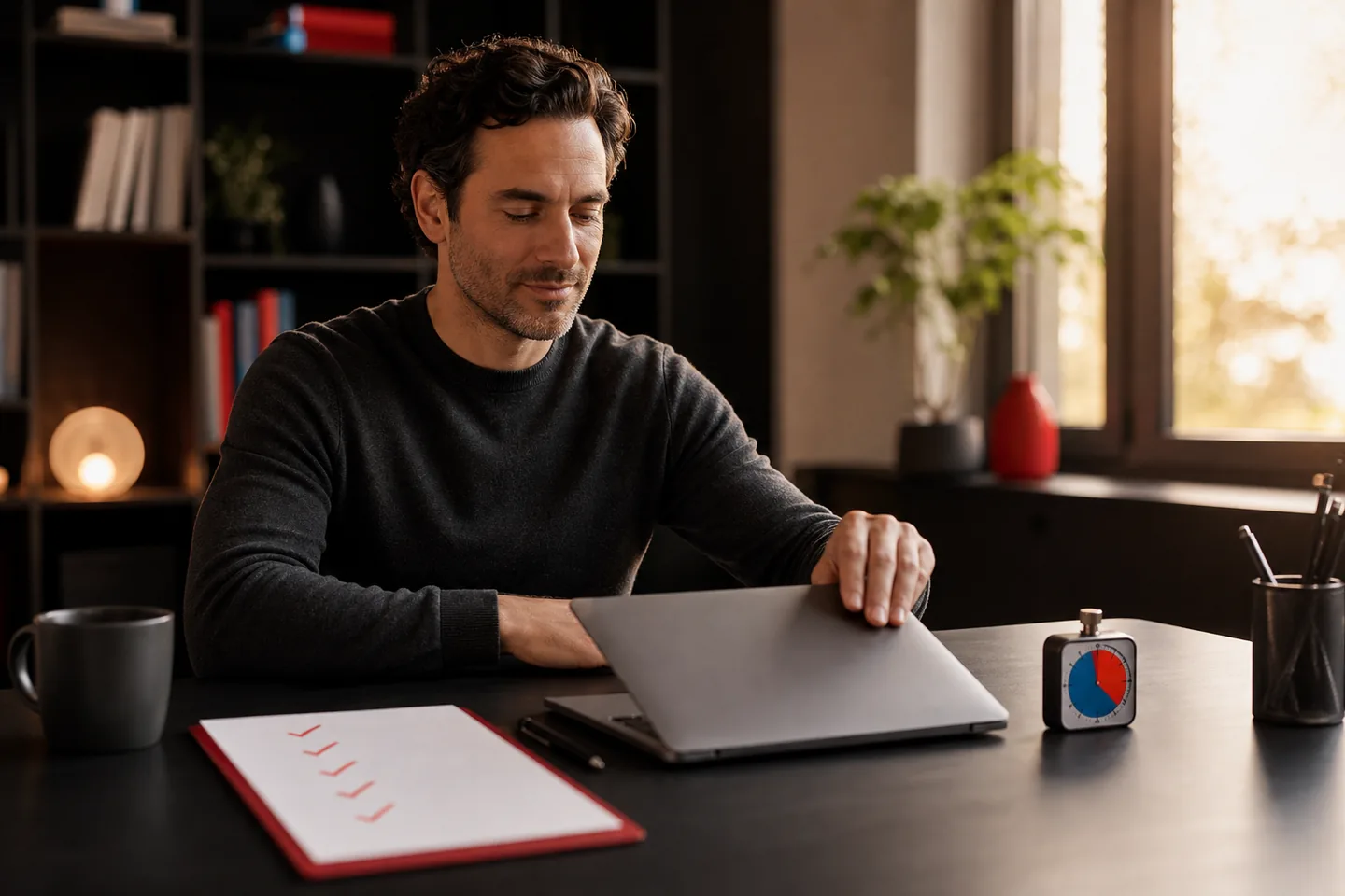 Creator ending a planned work block with laptop, completed checklist and timer