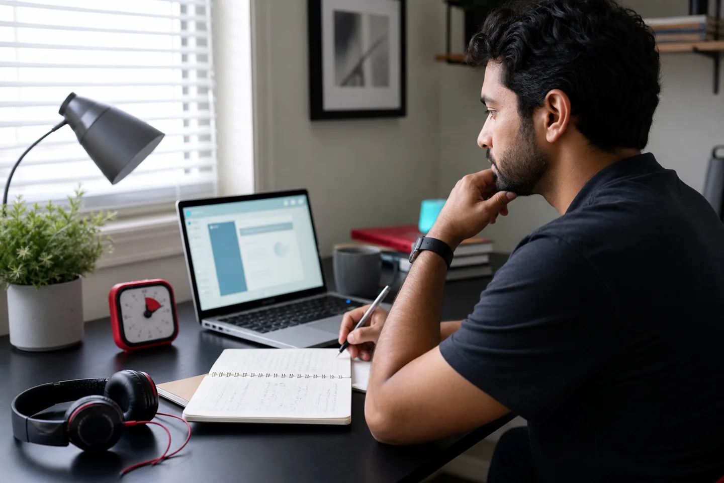 Adult learner completing a focused online work session with laptop, notebook and timer